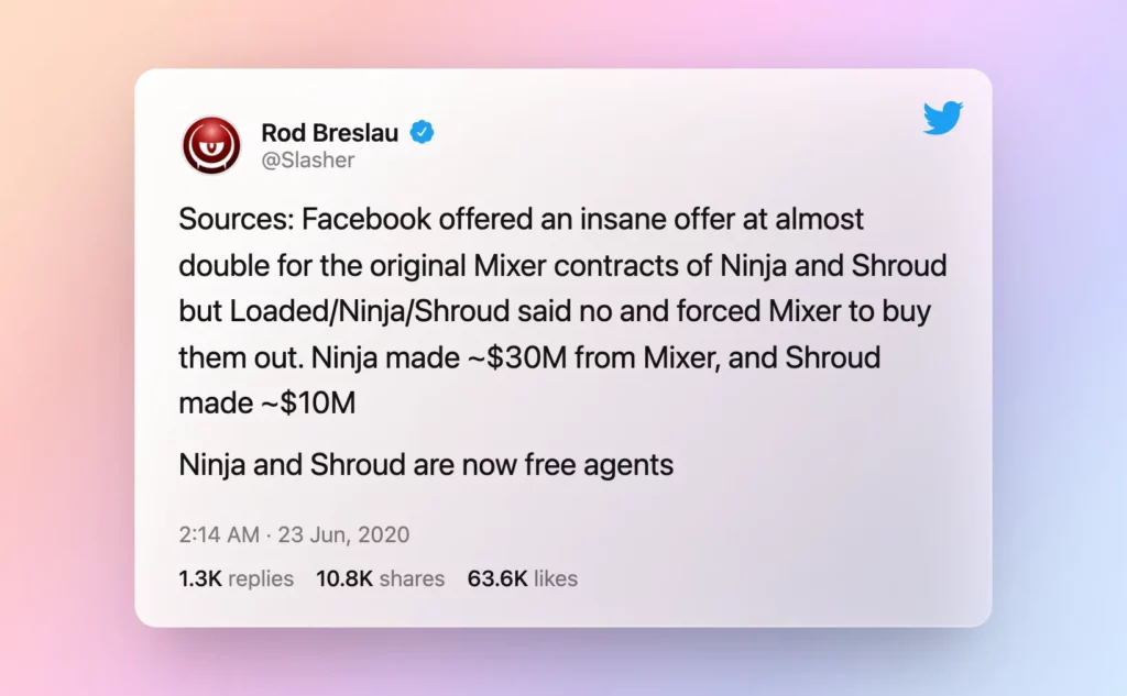Tweet By Rod Breslau on highest paid streamers like Ninja and Shroud