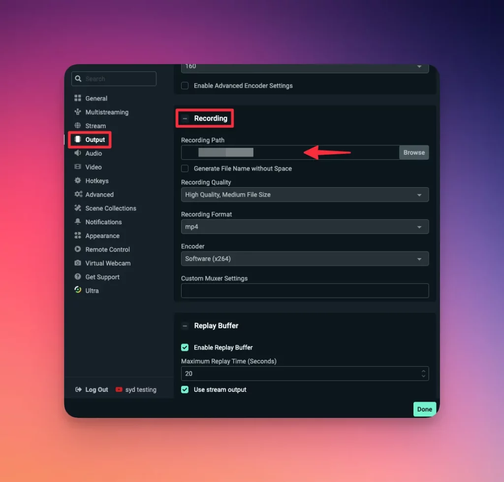 How to record live stream in StreamLabs? Make sure the recording settings is right