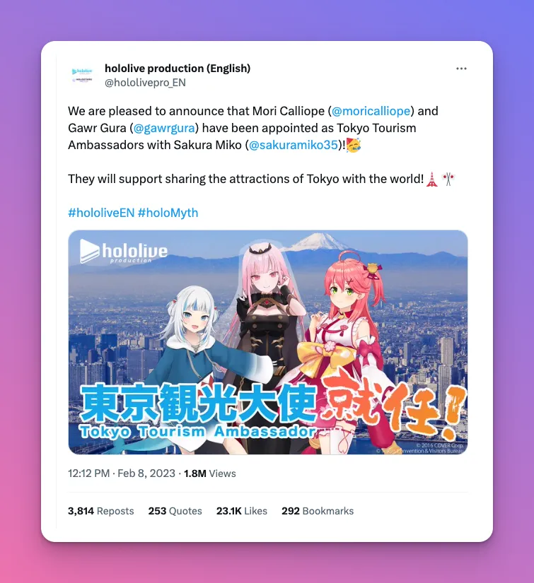Vtuber income can be at any form, like becoming a tourism Ambassador