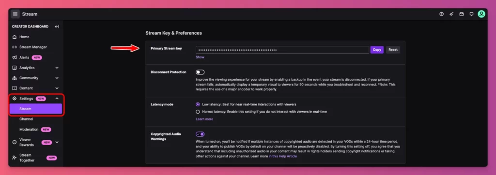 Get your Primary Stream Key on how to stream on Twitch on PC