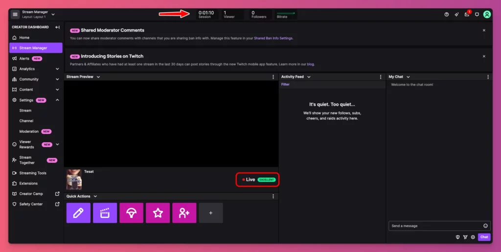 You'll see this on Twitch Stream Manager if your streaming is running