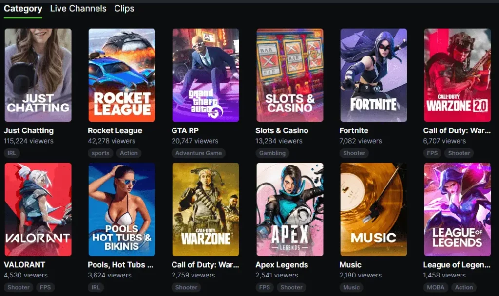 Kick's stream category page