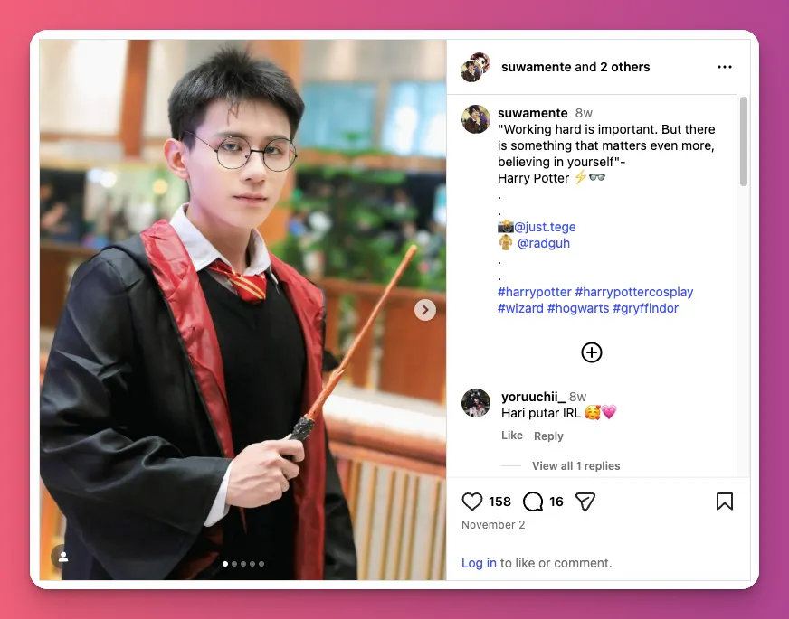 Harry Potter cosplay with Gryffindor robe, wand, and glasses