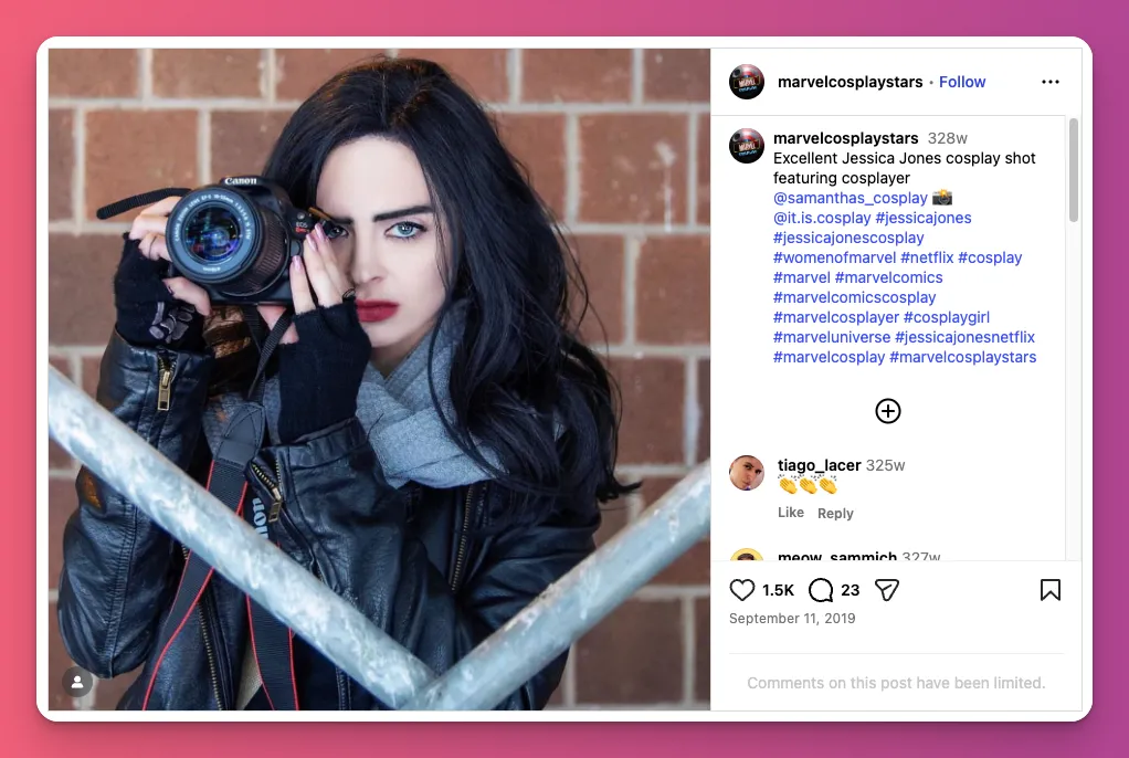 Jessica Jones cosplay with leather jacket and camera