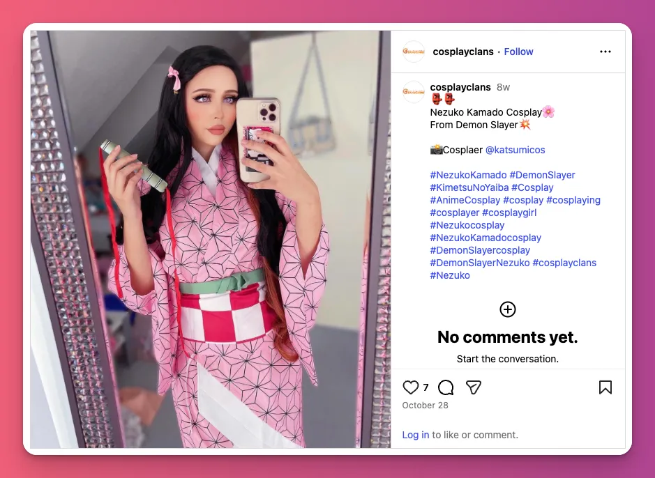 Nezuko can be one of the easy cosplay ideas to work on with pink kimono and bamboo prop