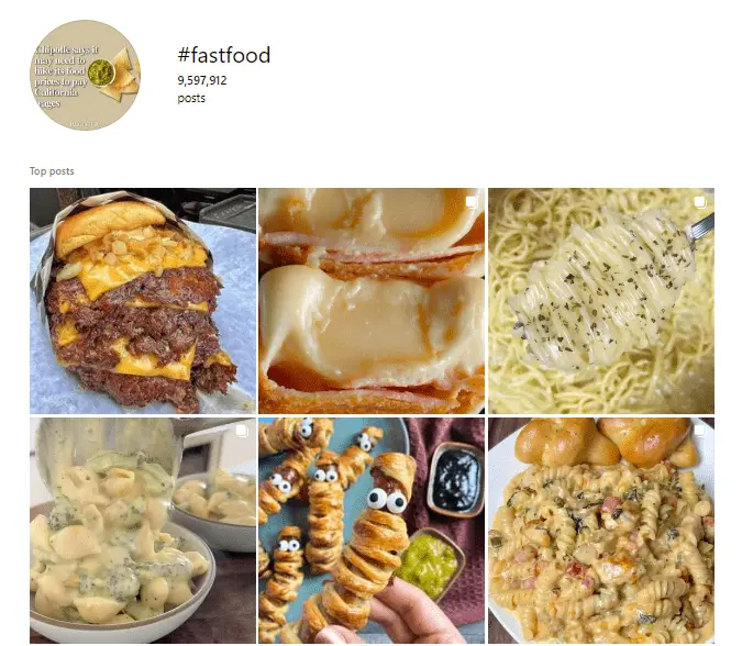 an example of food hashtags for Instagram about fast food
