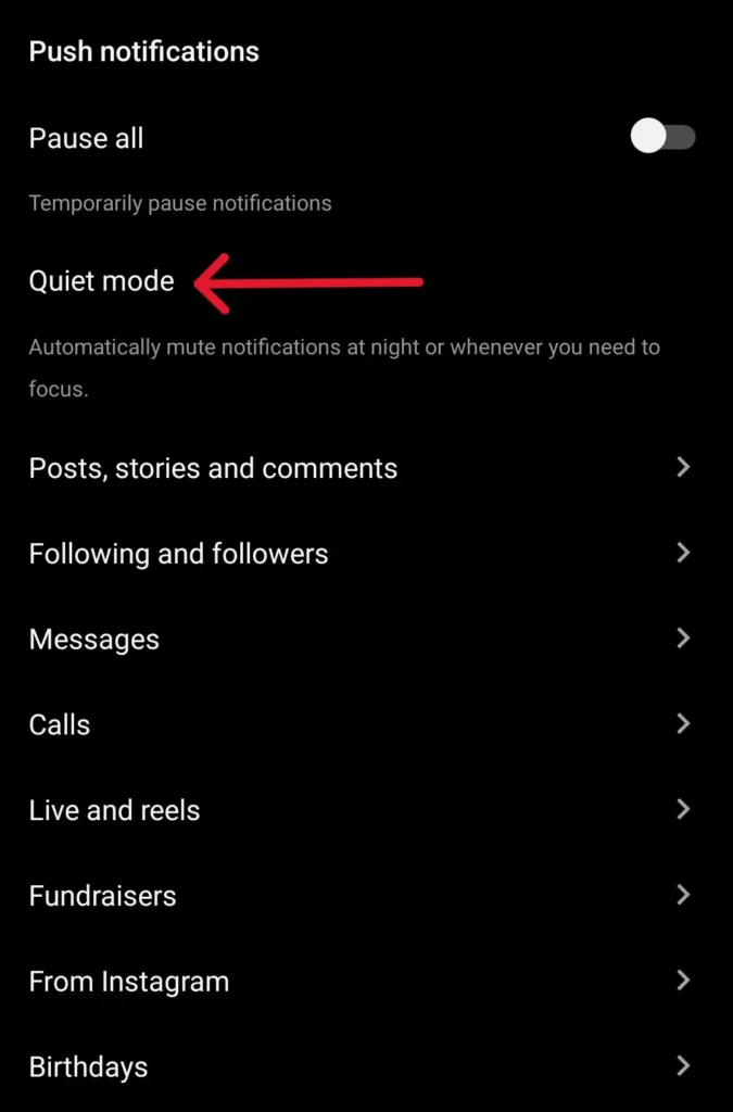Instagram quiet mode menu