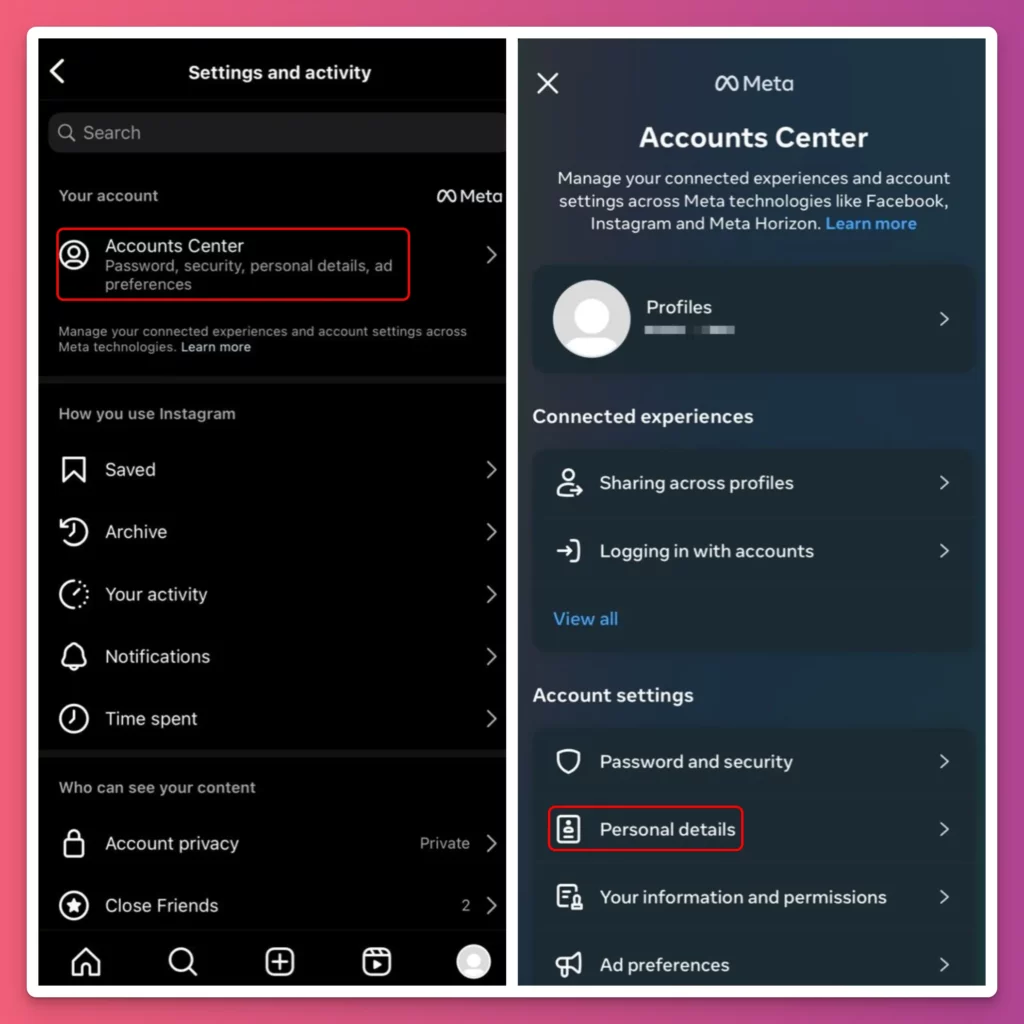 How to delete an Instagram account from Account Center?