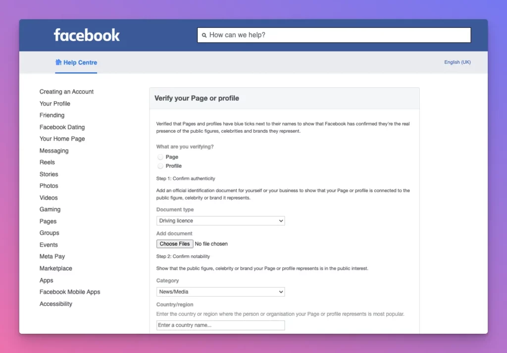 How to get verified on Facebook, start with filling out the form