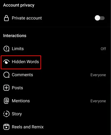hidden words settings menu on Instagram