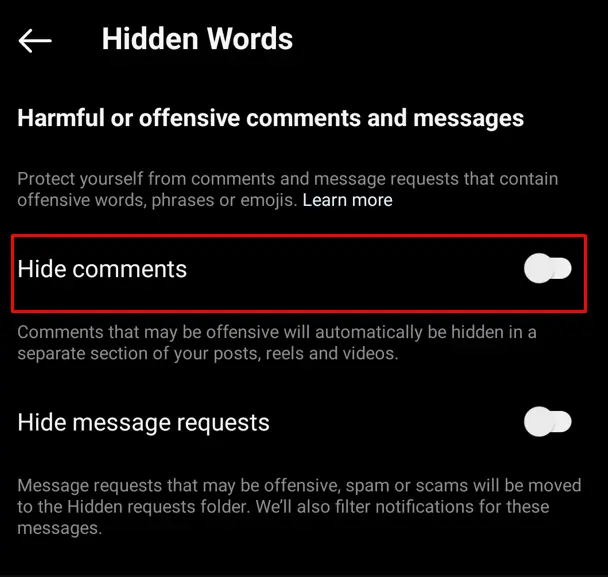 hide offensive comments on Instagram