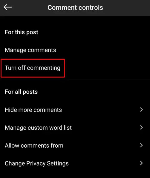 turning off Instagram comments