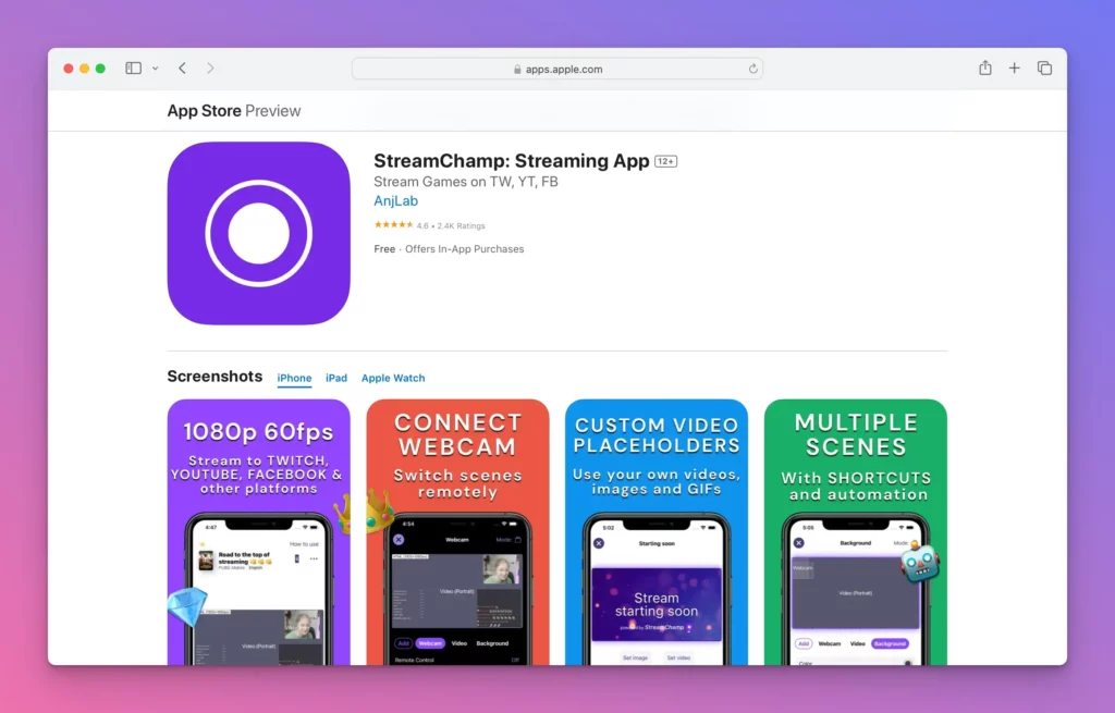 Streamchamp termasuk aplikasi live streaming di HP untuk pengguna iOS