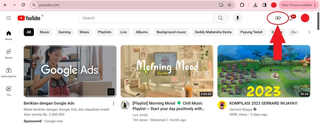 Cara Upload Video di YouTube melalui Laptop - klik ikon kamera