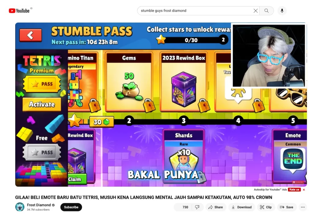 Salah satu game terpopuler di Indonesia yang dimainkan oleh Frost Diamond adalah Stumble Guys