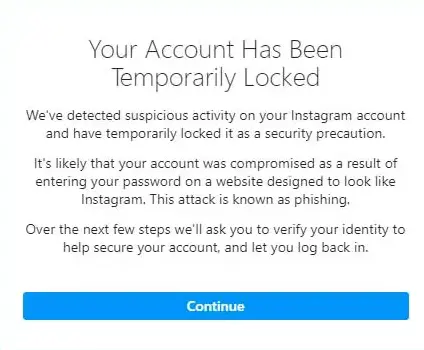 pesan yang memberitahukan bahwa akun anda sudah dikunci untuk sementara di instagram