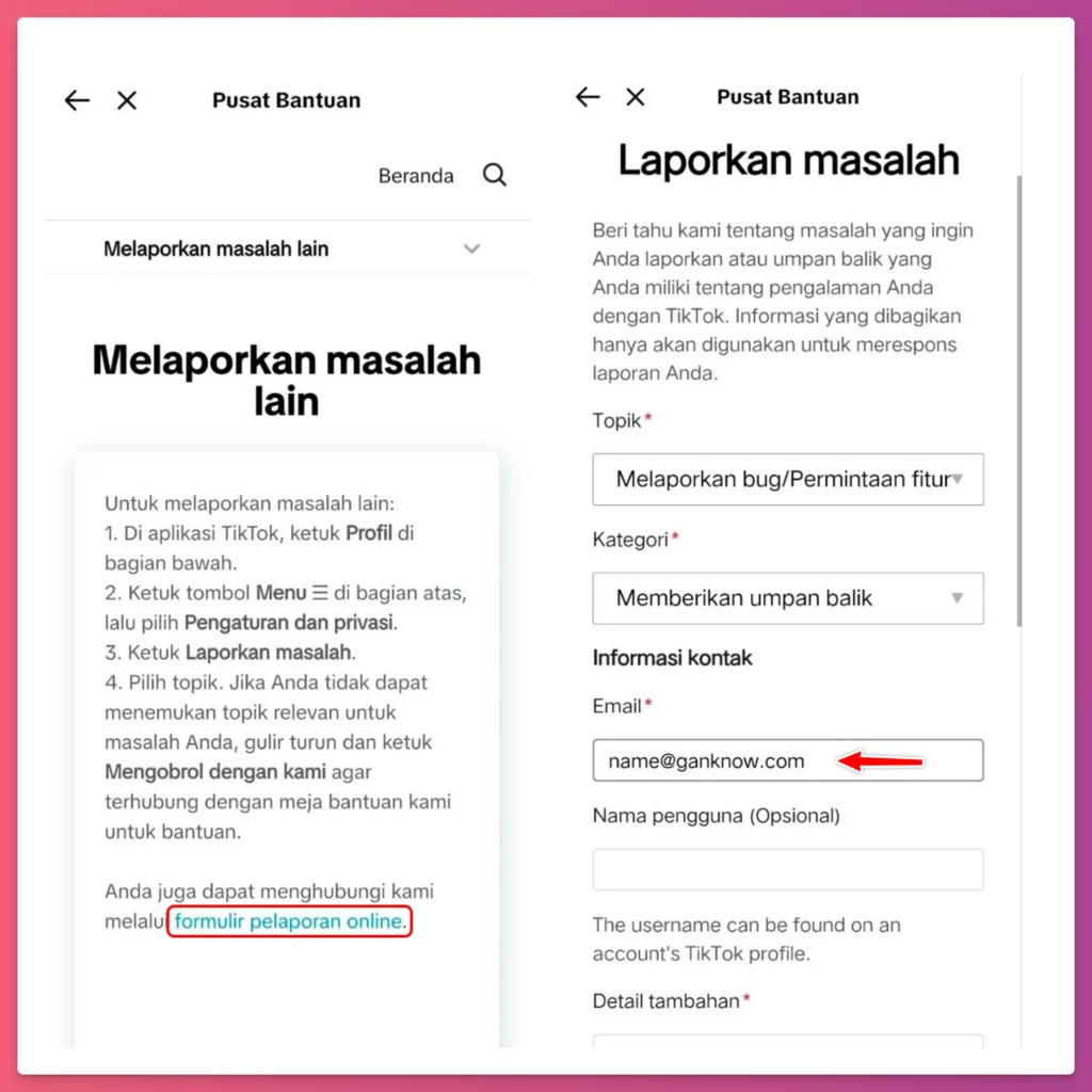 cara live TikTok tanpa 1000 followers dengan formulir pelaporan online