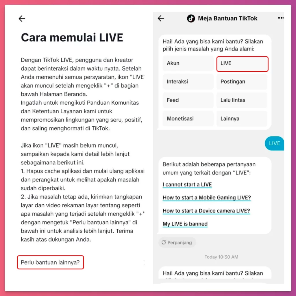 cara live TikTok tanpa 1000 followers dengan opsi bantuan dari pengaduan di aplikasi