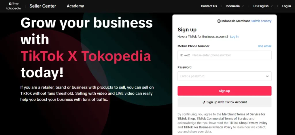halaman sign up TikTok Shop Seller Center