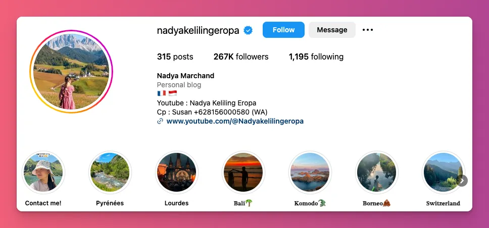 Contoh niche populer lain adalah travel yang dipilih oleh Nadya