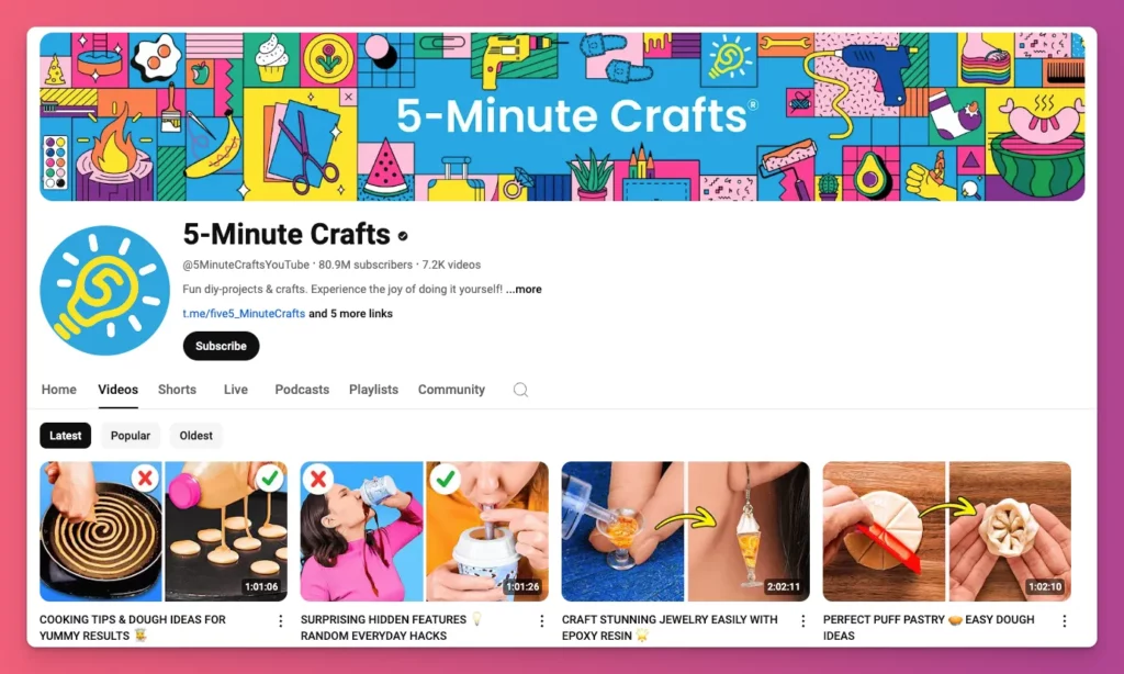 Contoh niche tutorial dari 5 Minute Crafts