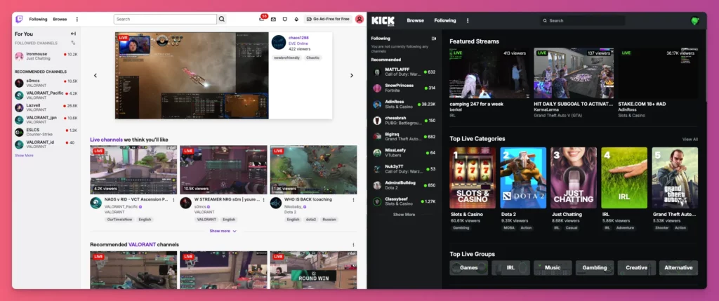 Kick vs. Twitch in terms of user interface