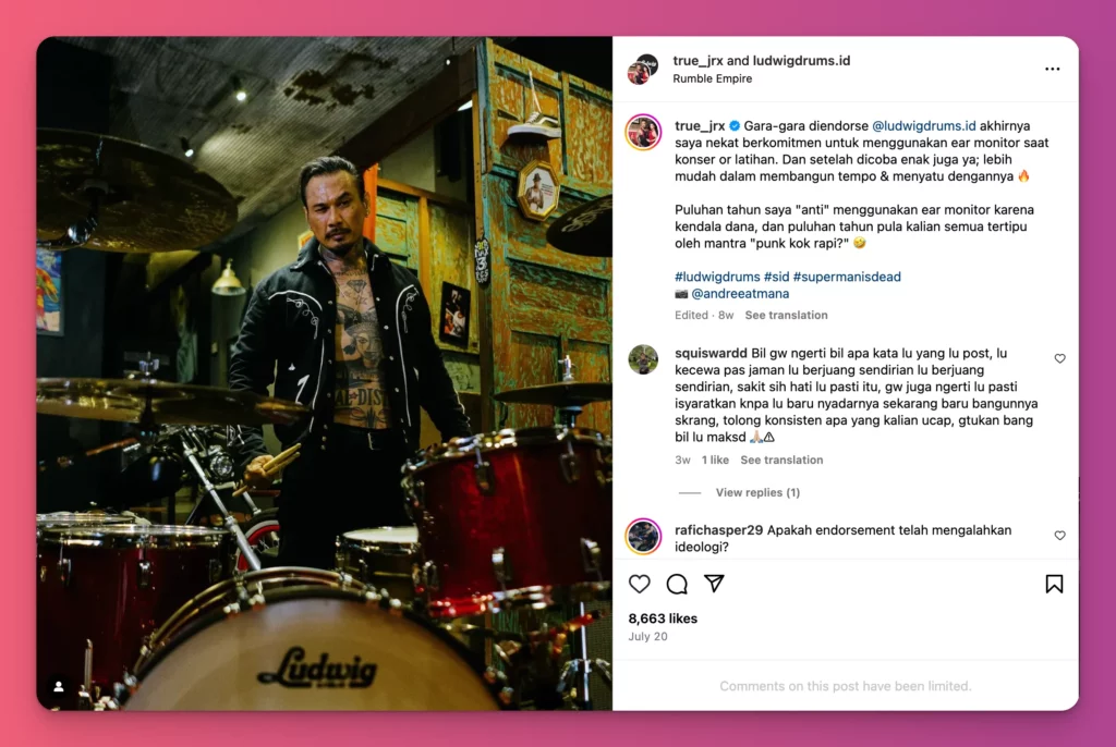 contoh endorse adalah ketika Jerinx posting tentang salah satu brand drum