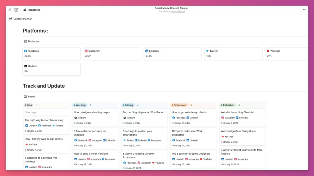 contoh content plan dengan menggunakan notion