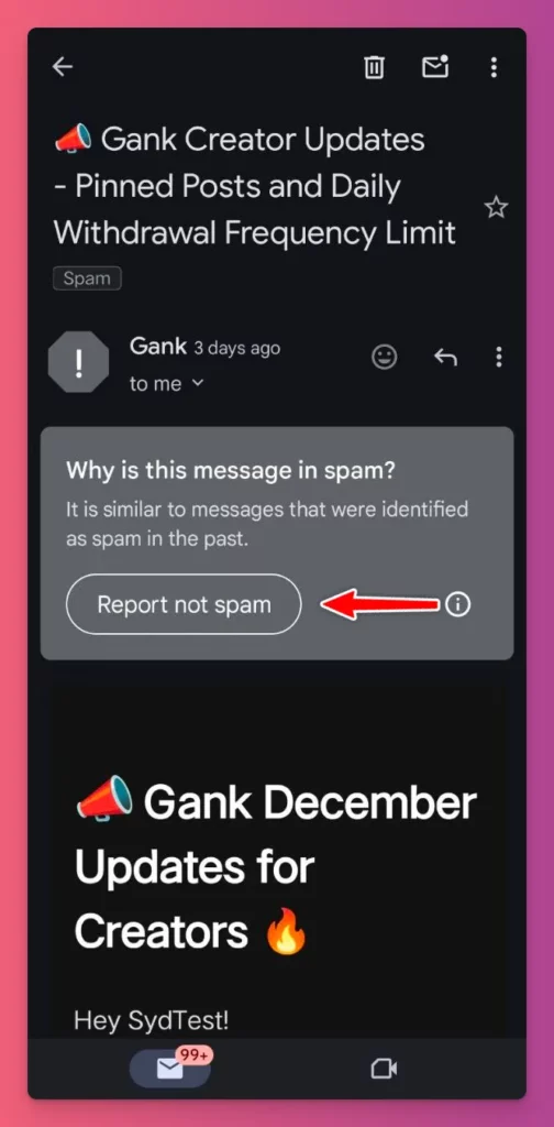 Click Report Not Spam to make sure the email will go to your Inbox