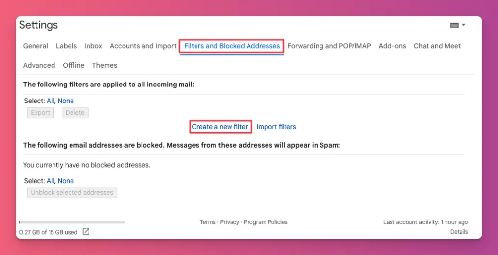 Whitelisting an email on Gmail needs you to access Filters and Blocked Addresses