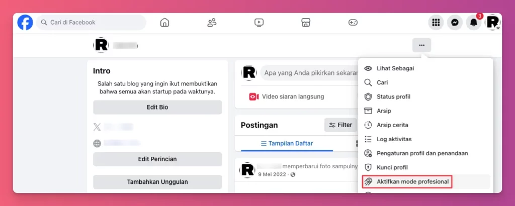 Cara Mengaktifkan FB Pro dengan masuk ke menu utama profil