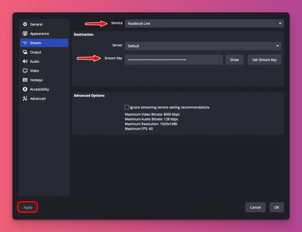 Langkah memasukkan key streaming pada cara live FB dengan OBS Studio
