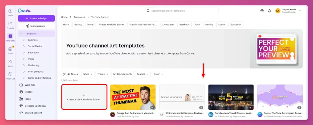 Start your design with Canva and choose the right YouTube banner size