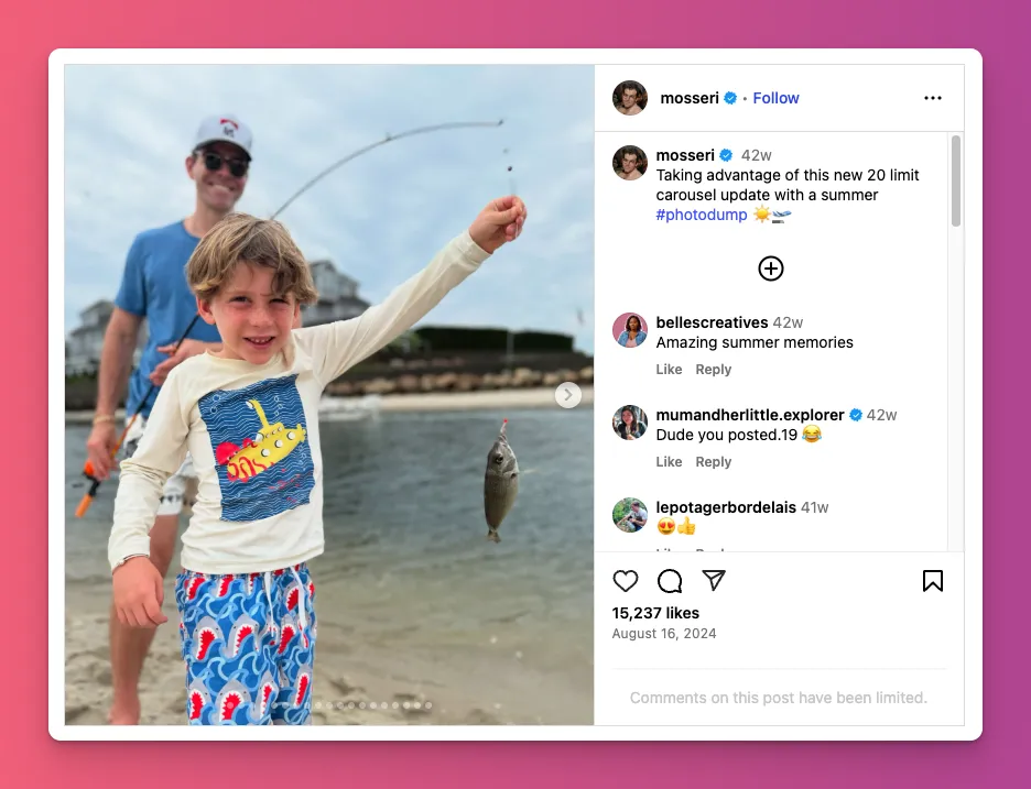 Adam Mosseri share his summer vacation updates using multiple photos