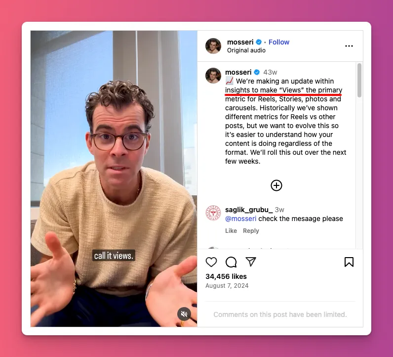 Adam Mosseri talked about views on Instagram