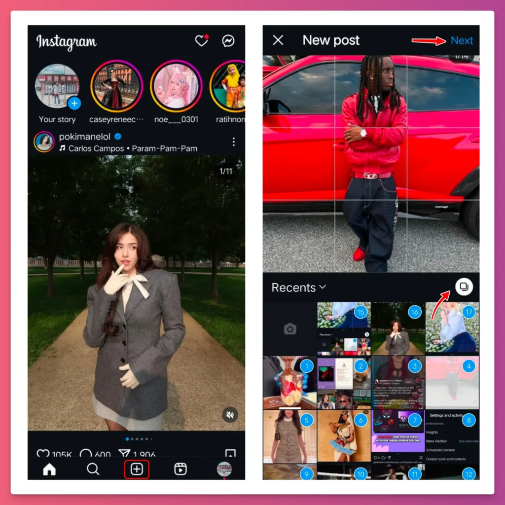 Selecting multiple photos is one of steps on how to post more than 10 photos on Instagram