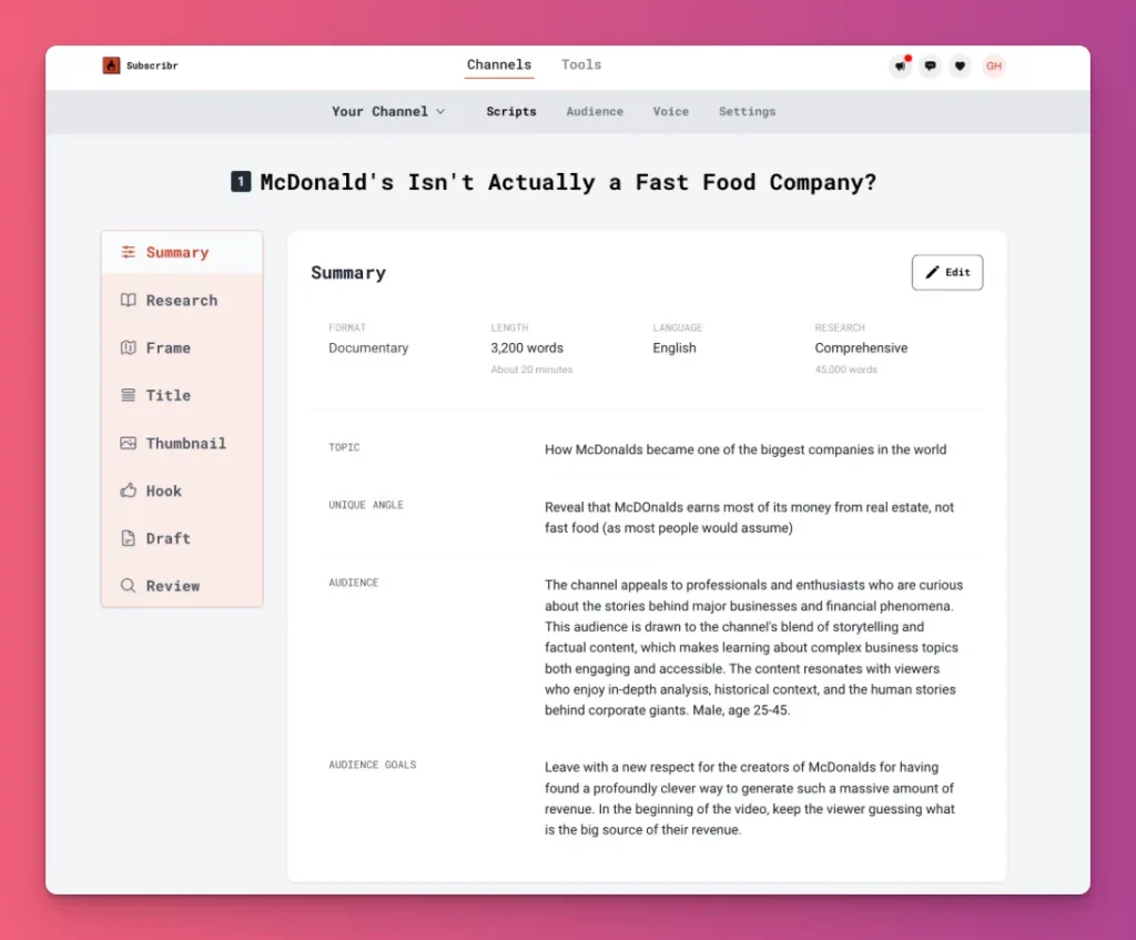 You can make a YouTube script with Subscribr
