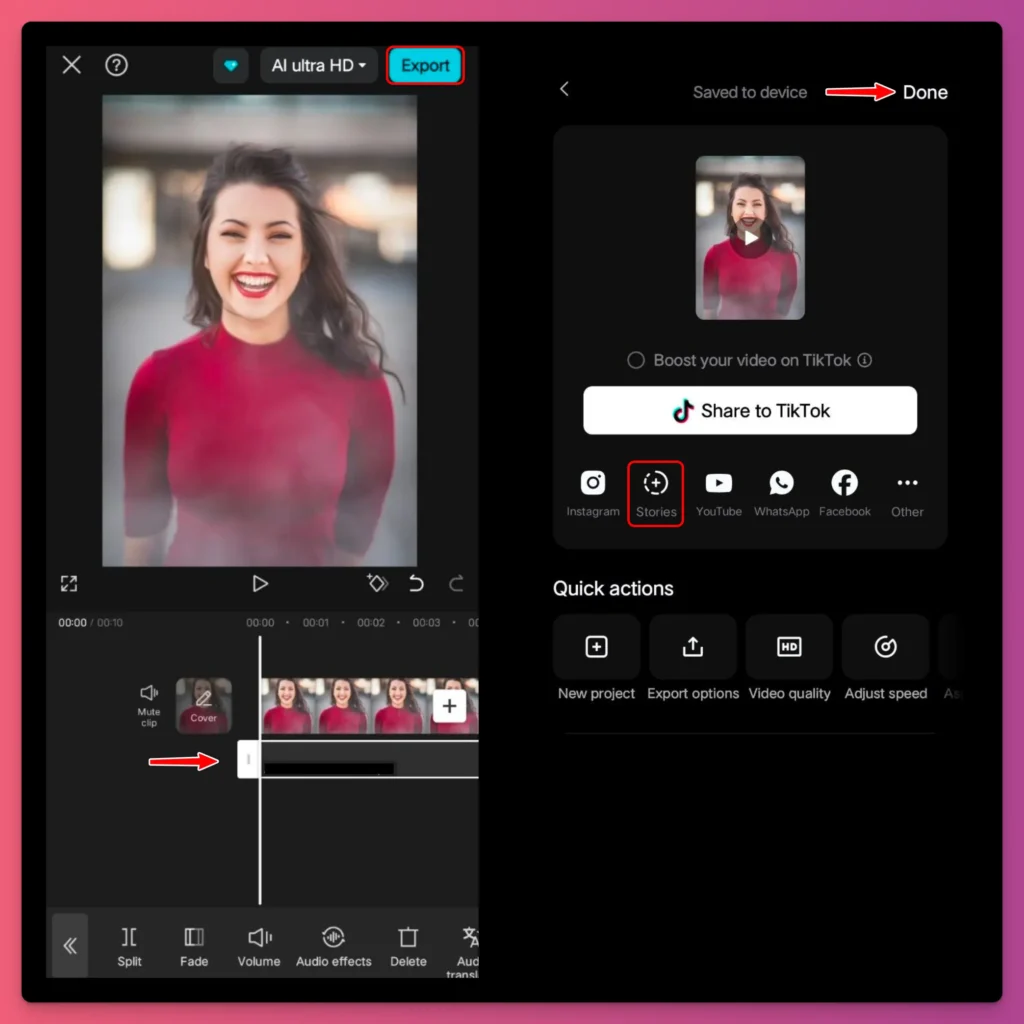 Export your content or share to instagram story directly