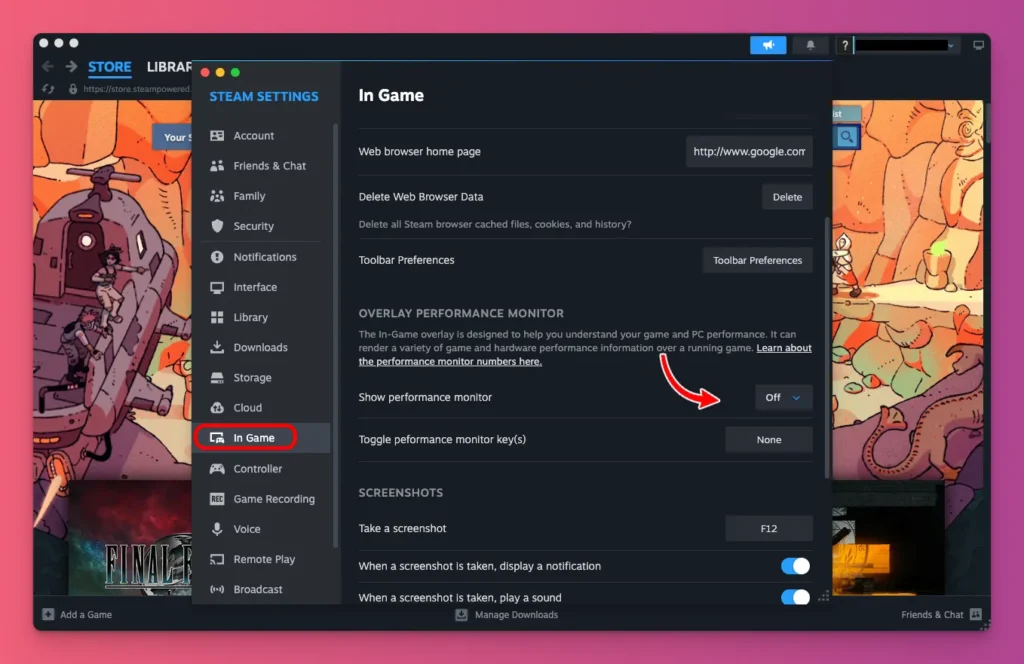 Cara Cek FPS adalah lewat menu In Game di Steam
