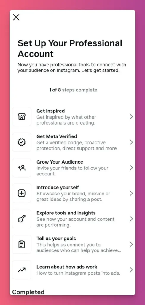 Complete the setup as the final step on how to turn on creator account on Instagram