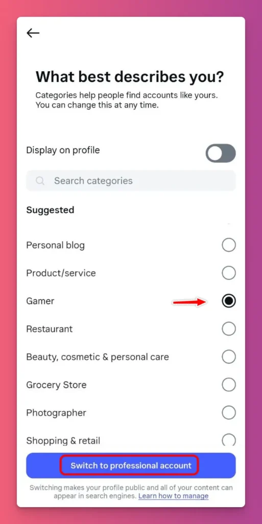 Define your category label as an Instagram creator