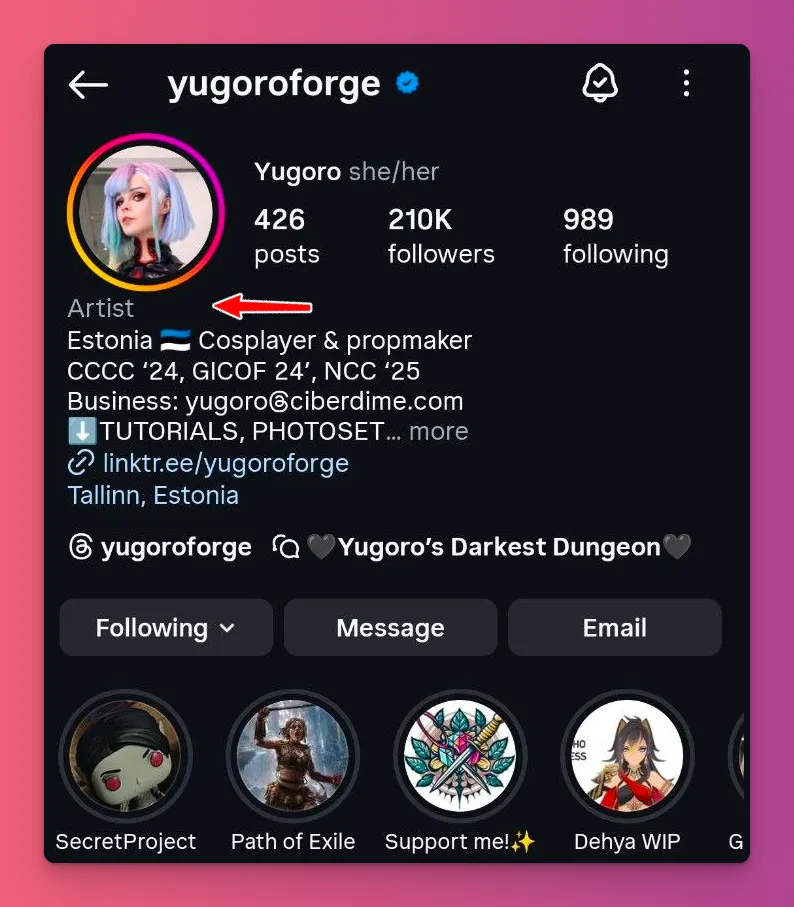 Example of someone who uses an Instagram creator account