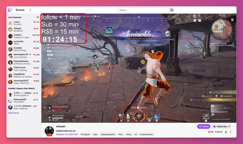 Twitch subathon can based on time or milestone