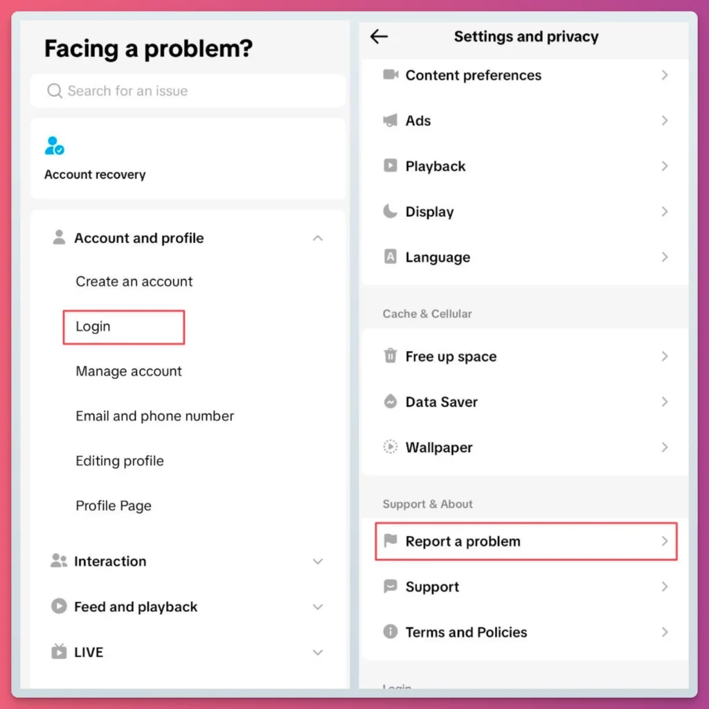 How to get my TikTok account back? Go to the TikTok settings menu to report a problem like this