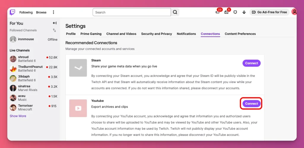 If you want to export your saved streams to another platform, just connect the accounts.