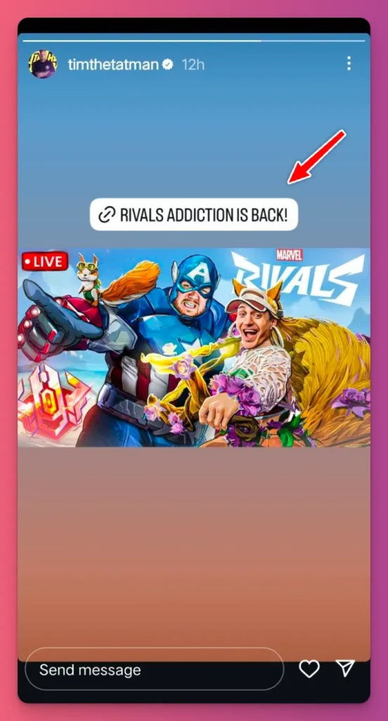 Instagram Story showing a Marvel Rivals promo image with a RIVALS ADDICTION IS BACK! link sticker. Another way to add link to Instagram story.