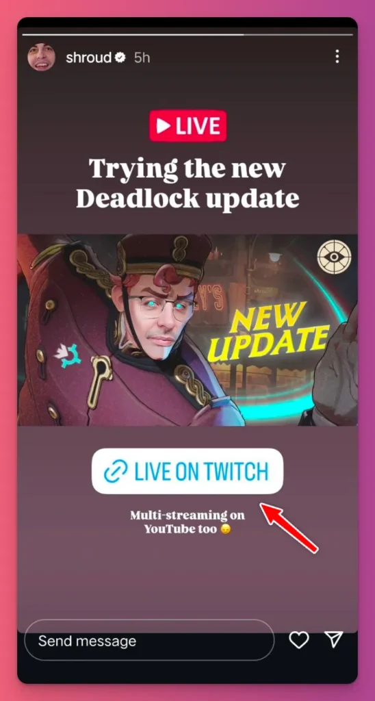 Instagram Story with a Live on Twitch link sticker below a streaming update, showing how to make a link on Instagram story.