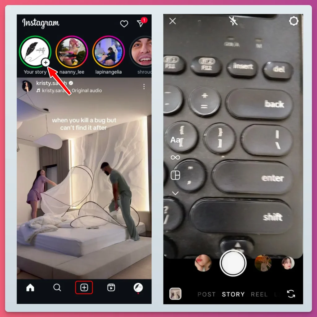 Instagram screens of feed with stories and Story camera view with editing icons, showing how to add a link to Instagram story.