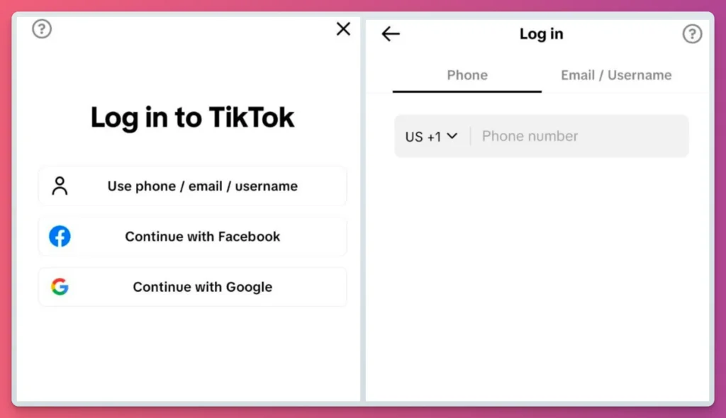 Options to log in with a phone number. An alternative for recovering TikTok account with username