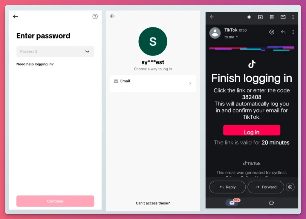 Password entry and the email verification process on how to recover TikTok account